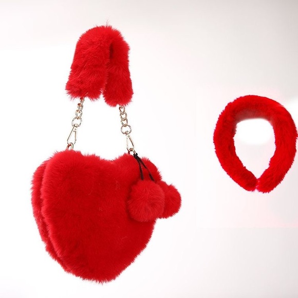 Red Faux Fur Headband And Heart Shaped Purse - Picture 3 of 6